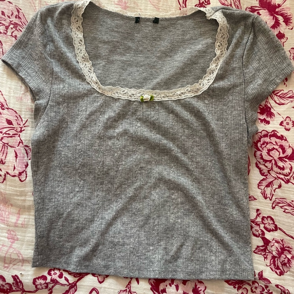 Gray Lace-Trim Scoop Neck Women's Top